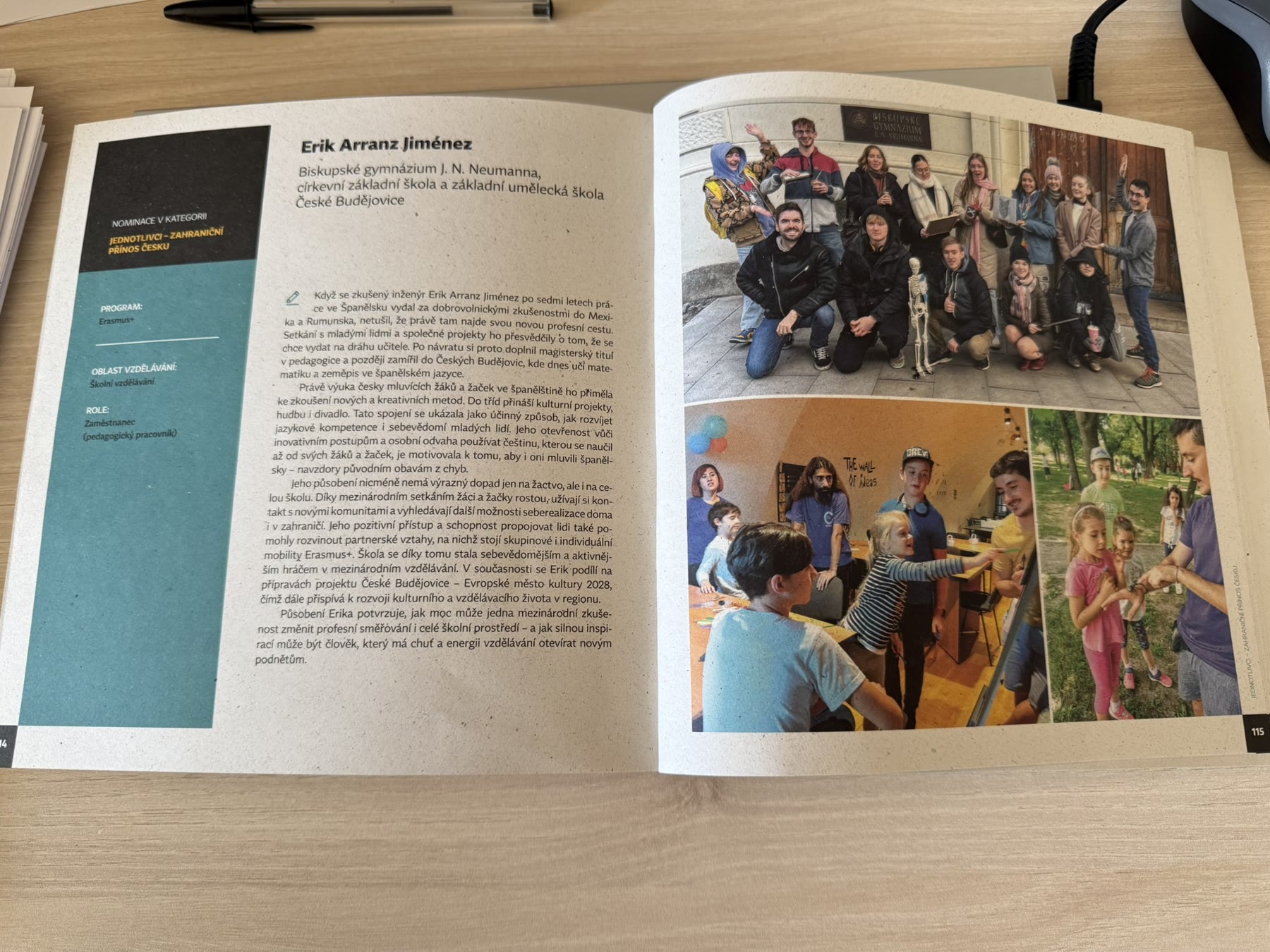 Páginas 114 y 115 del catálogo Ceny DZS 2025 con la candidatura de Erik Arranz Jiménez y fotos de sus clases